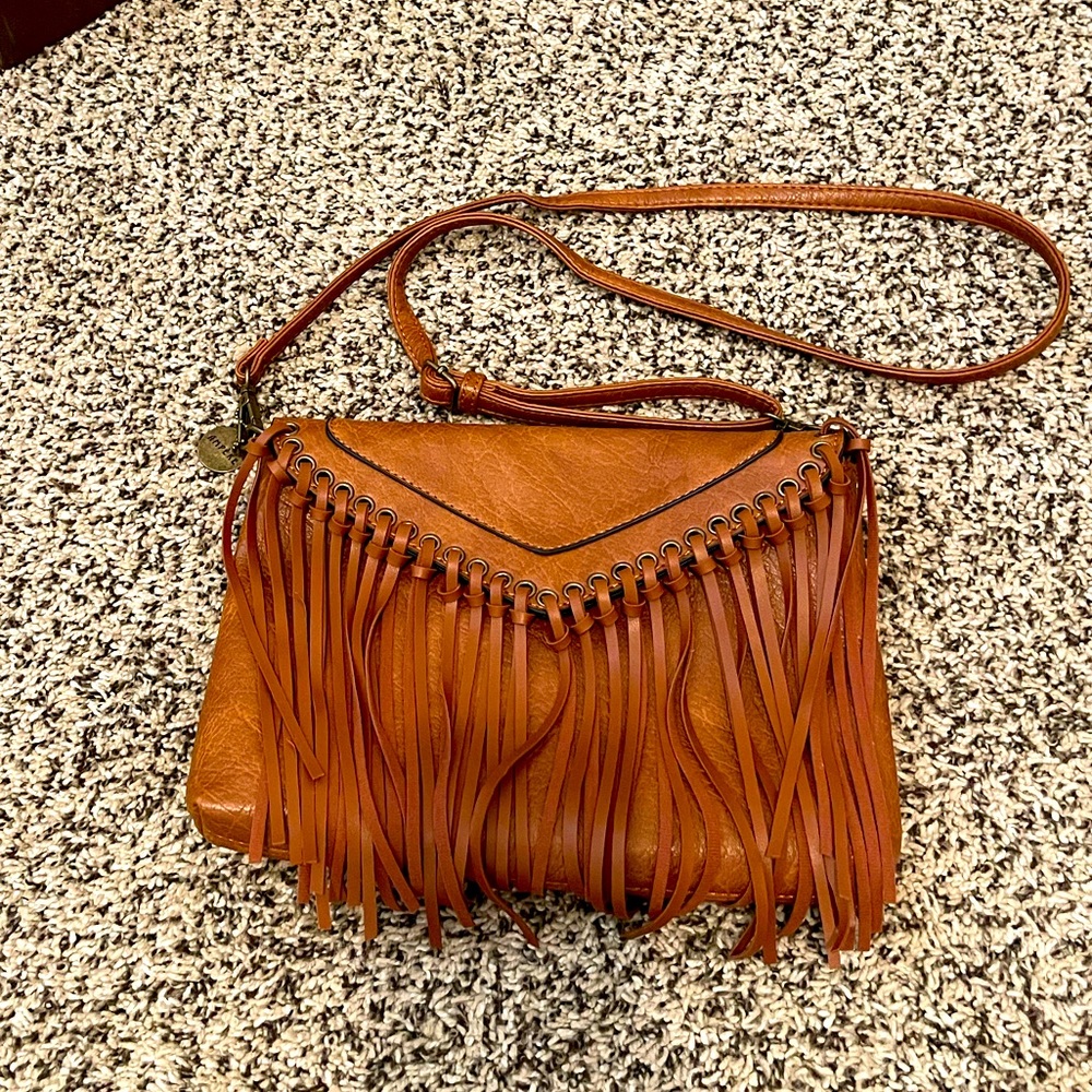 Brown leather purse with fringe